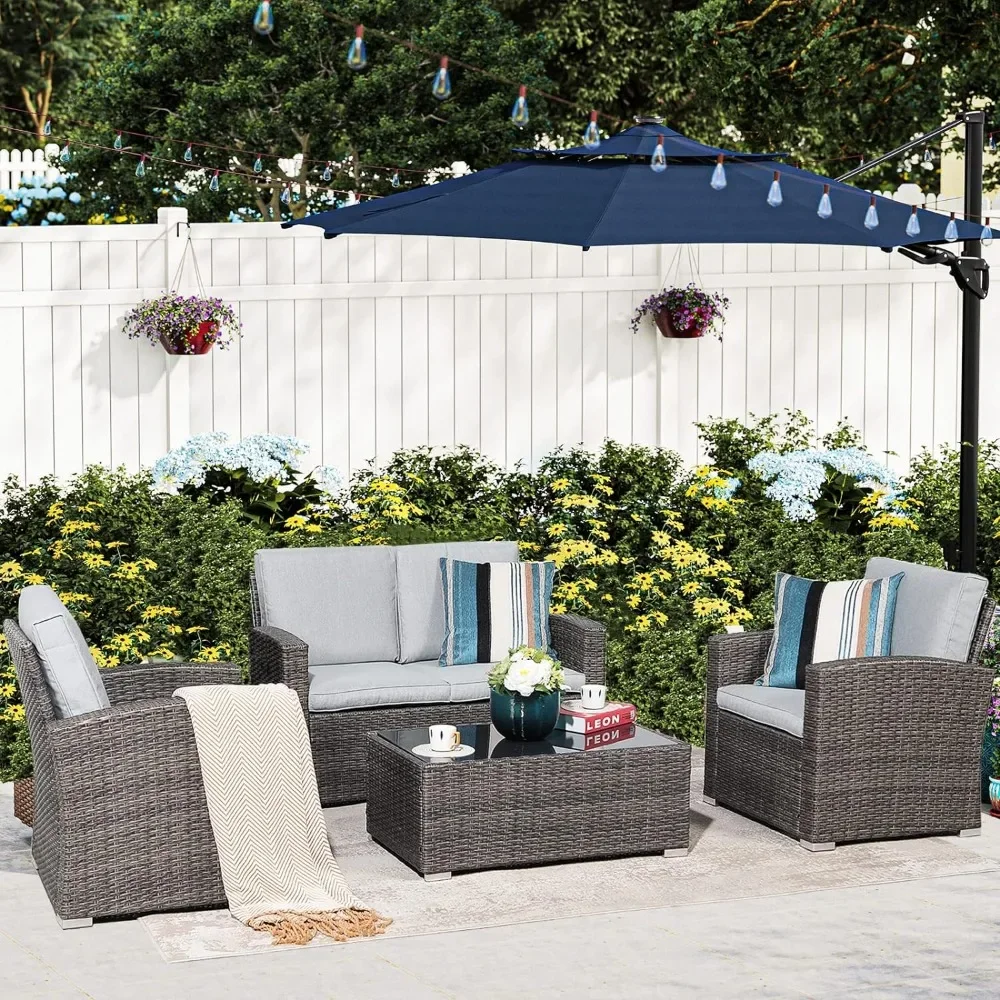 Patio Furniture Set, 4 Piece Outdoor Patio Conversation Set, All-Weather PE Rattan Wicker Sectional Patio Sofa Set with Tempered