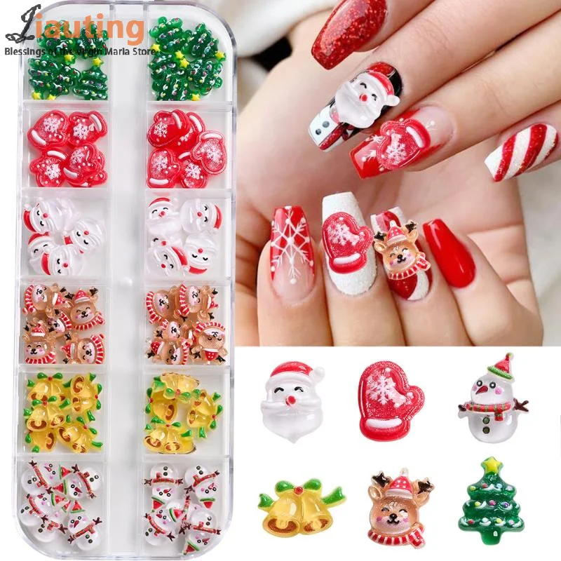 12 Griglia 36/60 Pz Kawaii Mini Pupazzo di Neve Albero di Natale Pendenti e Ciondoli per unghie 3D Renna Babbo Natale Strass per unghie Resina Gemme per unghie di Natale