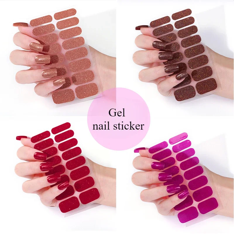 16Tips Gel Nail Sticker Curing Long-acting shiny Solid Color Nail Strip Patch Slider Sticker Non Baked Nail Art Decorations