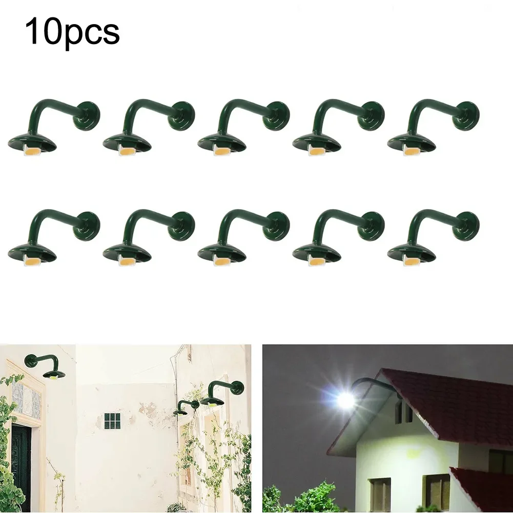 10pcs Model Railway HO Scale 1:87 Hanging Lamp Outdoor Wall Goose Neck Light LED Steel Column Model Lampposts Resistors Lamps