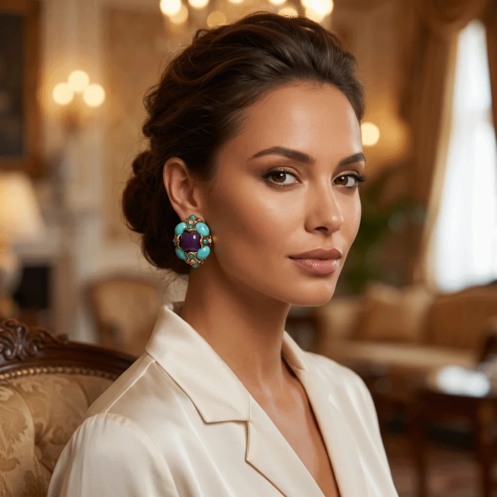 Vintage Peacock Blue Resin Earrings – Irregular Crystal Flower Stud, Medieval Style Alloy Jewelry for Women Daily Wear Gift