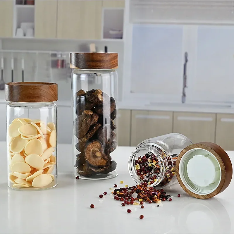 Acacia Wood Glass Storage Jar,Kitchen Storage, Orange Peel,Multi-grain Sealed Jar,Food Grade Glass Bottle, Household Storage Jar