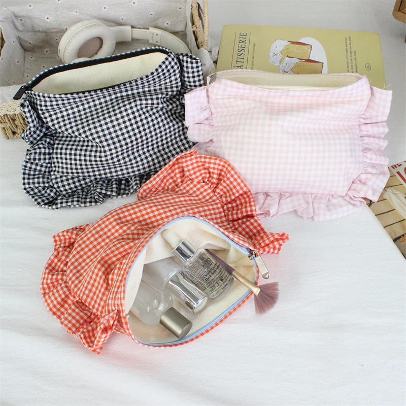 Multi-functional Ruffle Plaid Makeup Bag Large Capacity Portable Cosmetic Pouch Storage Bag Women Girls