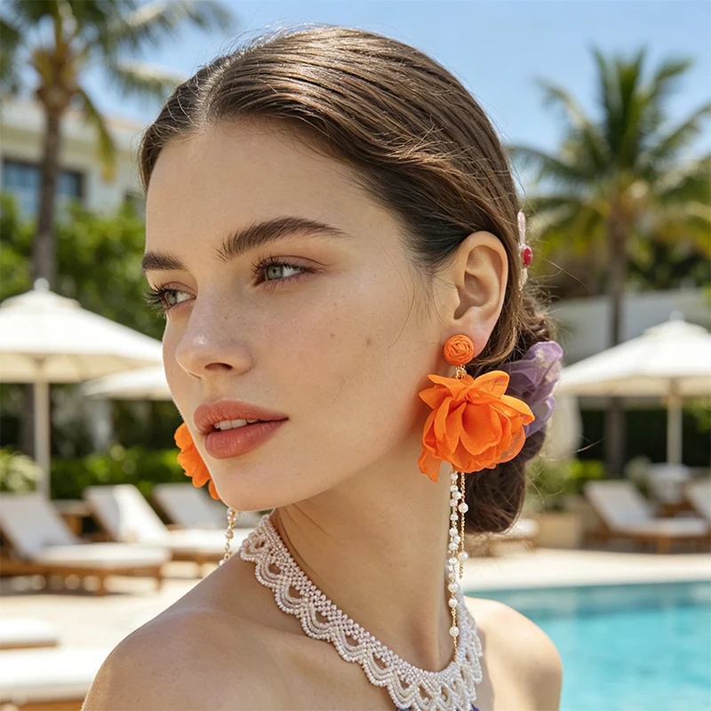 Romantische Imitationsperlen-Rosen-Quasten-Ohrclips für Damen, Einfache Stilvolle Vielseitige Blumen-Ohrclips, Sommer-Urlaubsschmuck – Detail 5