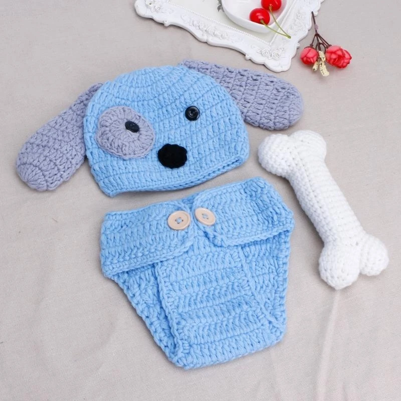 3 Pcs/Set Newborn Photography Prop Hat + Knitted Shorts Photo Clothing with Bone Photo Props Outfits