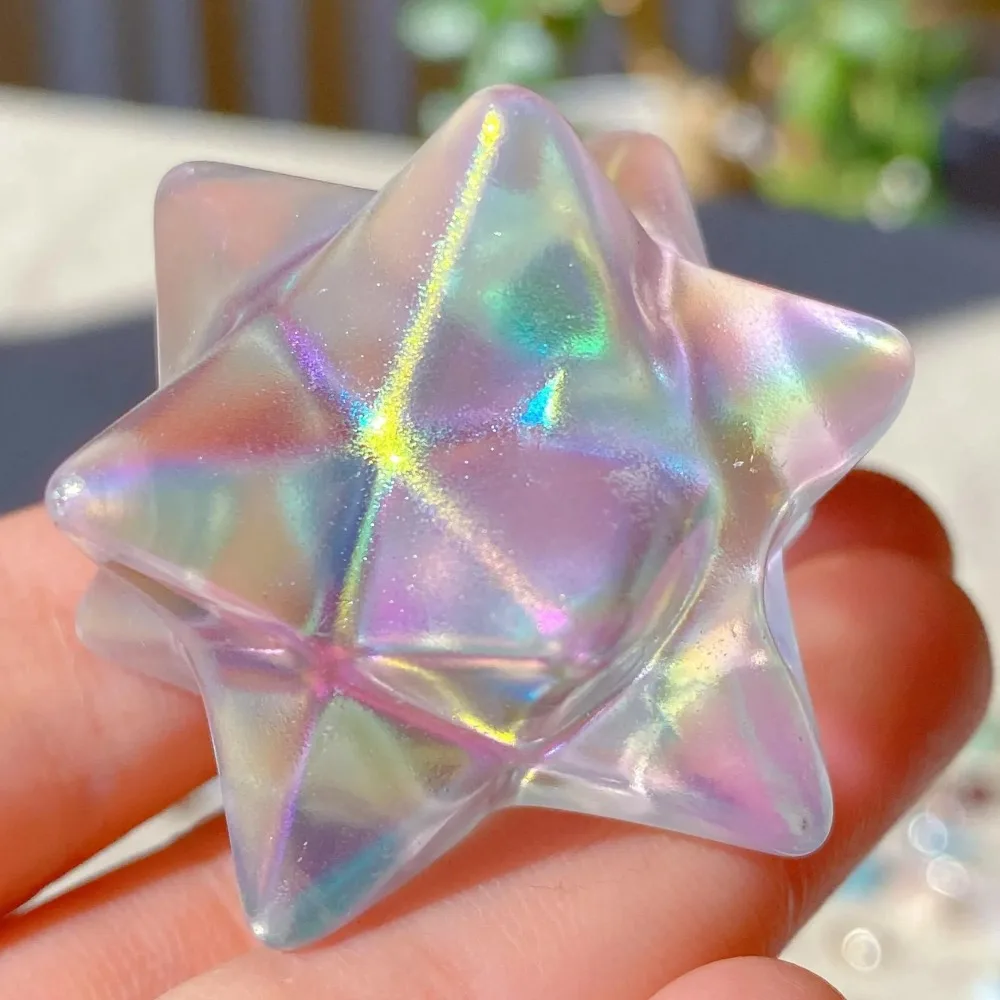 Rainbow Aura Smelting Crystal Star, Artificial Quartz Crystal Merkaba Star, Star of Mercaba, Mineral Sample, Home Decor, Gift