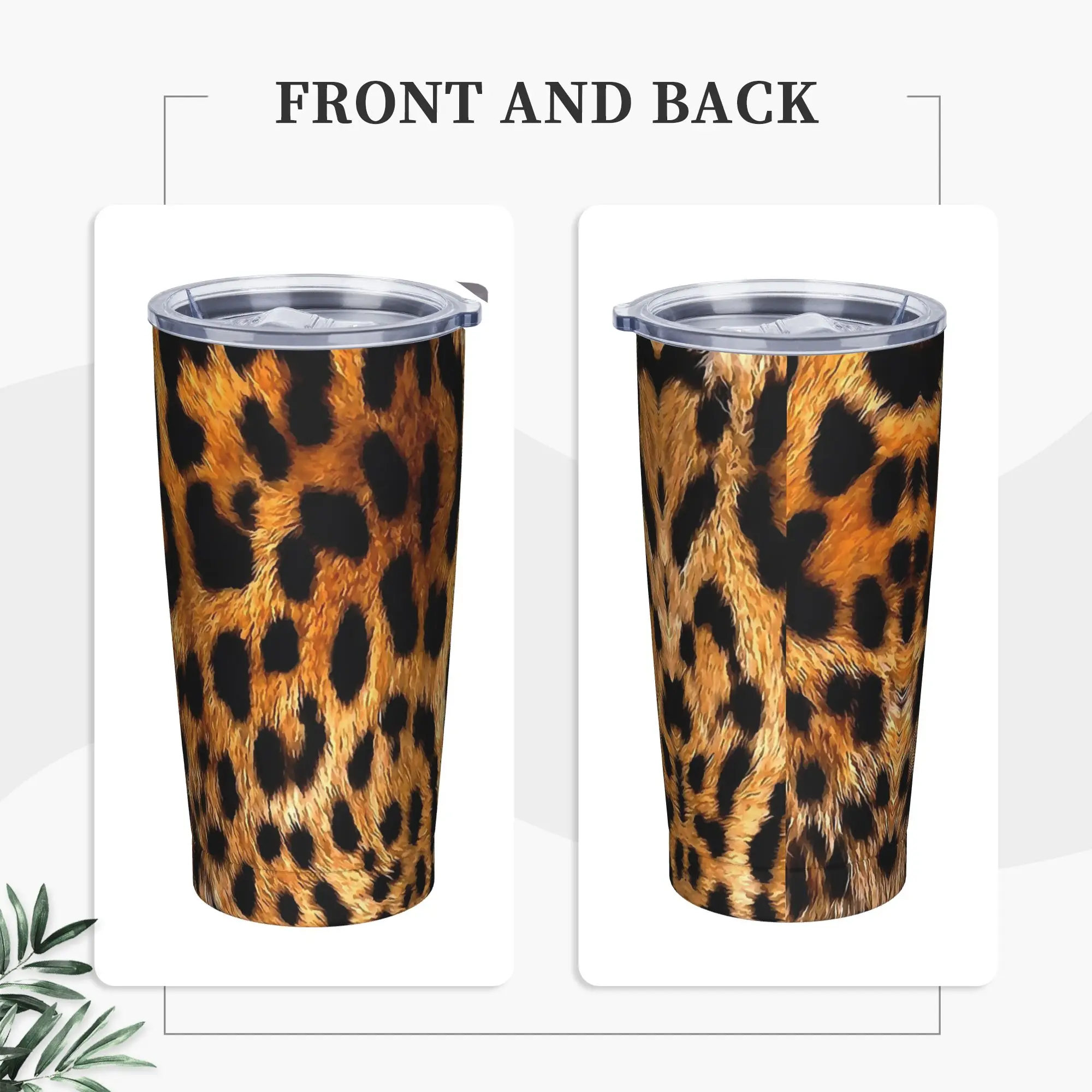 Vegan Leopard Skin Animal Print Tumbler Vacuum Insulated Fur Leather Texture Thermal Cup with Lid Straw Mug Hot Cold Drink, 20oz