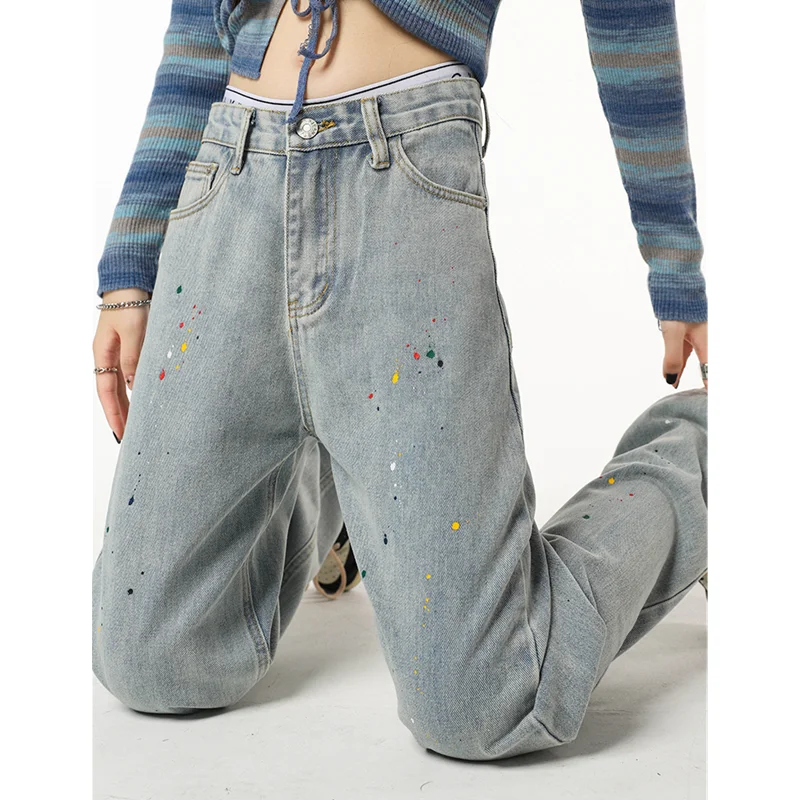 Jean Vintage Bleu Taille Haute pour Femme, Graffiti, Mode Américaine, Streetwear, Jambes Larges, Surintendant d'Hiver, Pantalon Baggy en Denim