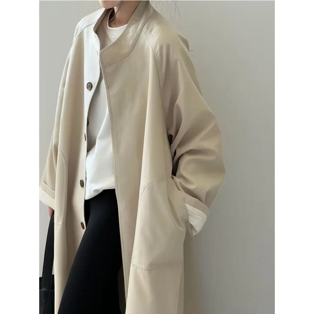معطف طويل برقبة ثابتة لعام 2025 للنساء لربيع وخريف معطف غير رسمي بياقة مقلوبة وصدر واحد معطف غير رسمي وراقي #2