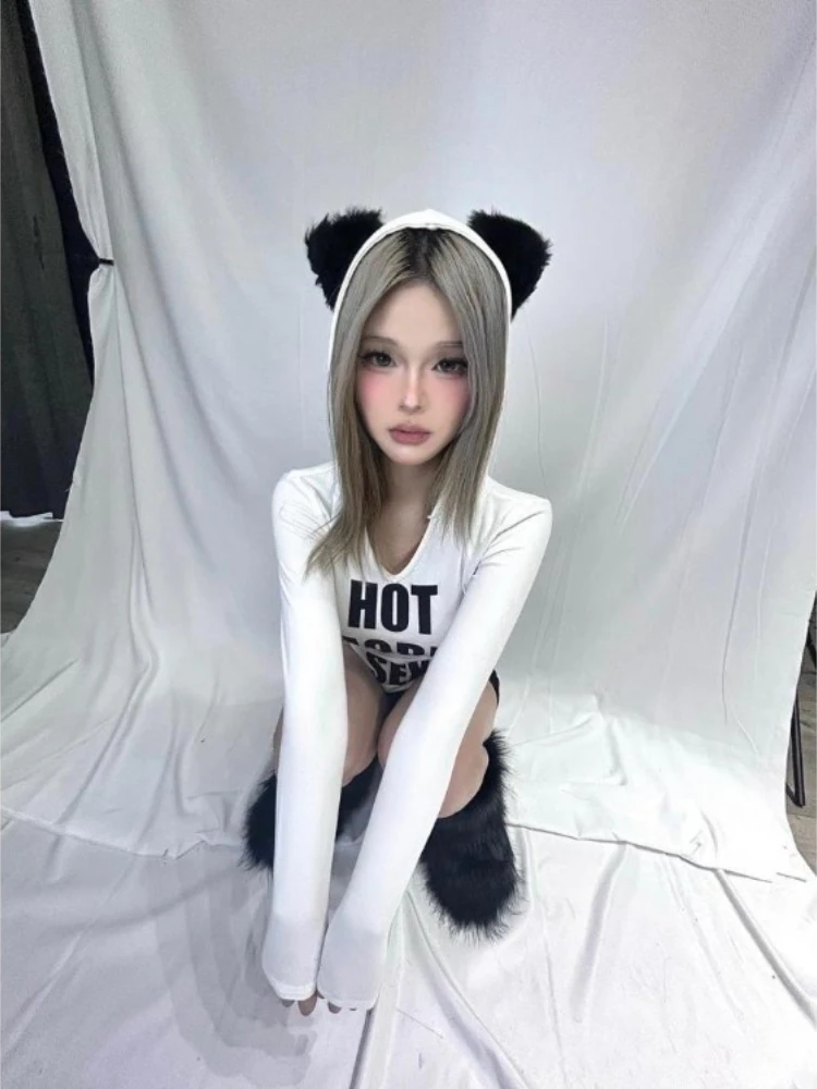 Japanese Kawaii Fluffy Cute Cat Ears Hooded Women T-shirts Vintage Harajuku Letter Print Crop Top Streetwear Sexy Y2k Tee Shirts