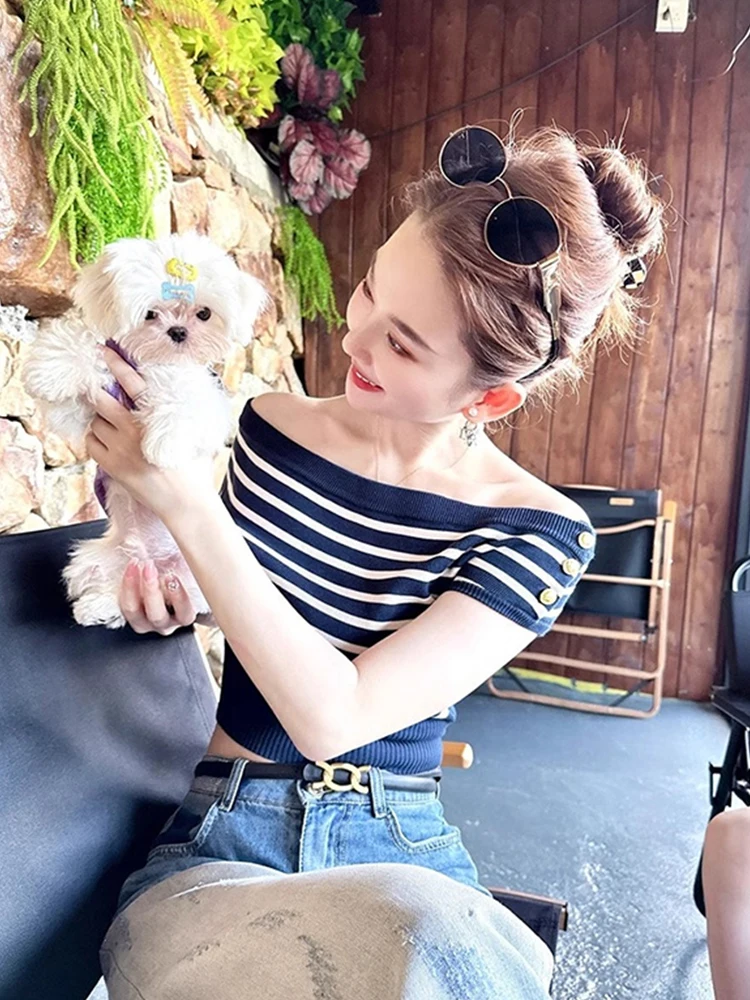 

Корейский трикотажный топ в полоску из ледяного шелка ort Sve на одно плечо Faion, женская футболка для похудения, универсальная футболка для поездок на работу...