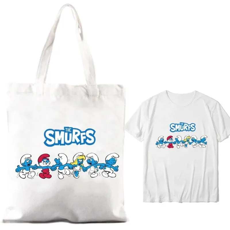 Cartoon The S-Smurfs Blue Cute Women borse a tracolla coppia combinazione vestiti manica corta colletto moda T shirt uomo cotone