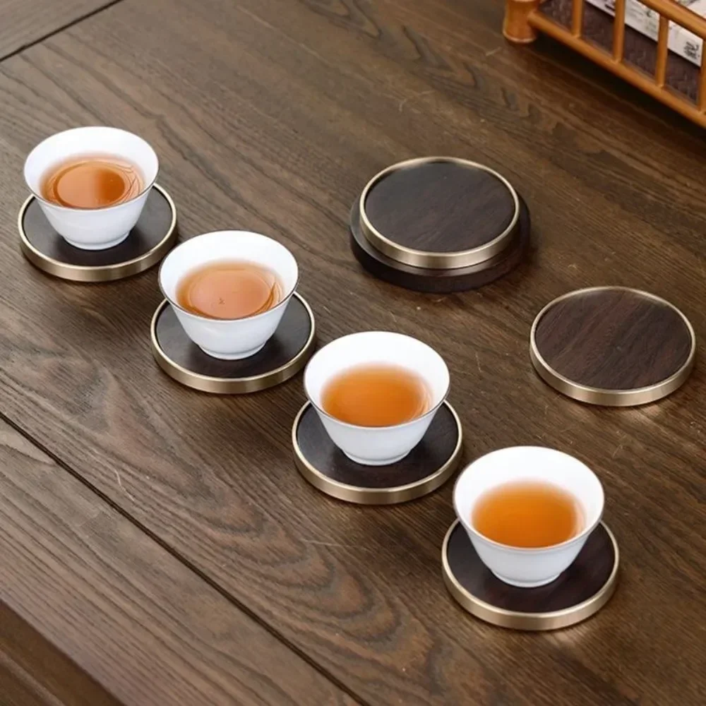 المنزل الحلي الأبنوس قاعدة أكواب من الخشب الصلب عدم الانزلاق مقاومة للحرارة فنجان شاي حامل مكافحة السمط النحاس الخشب حصيرة مستديرة مكتب #5