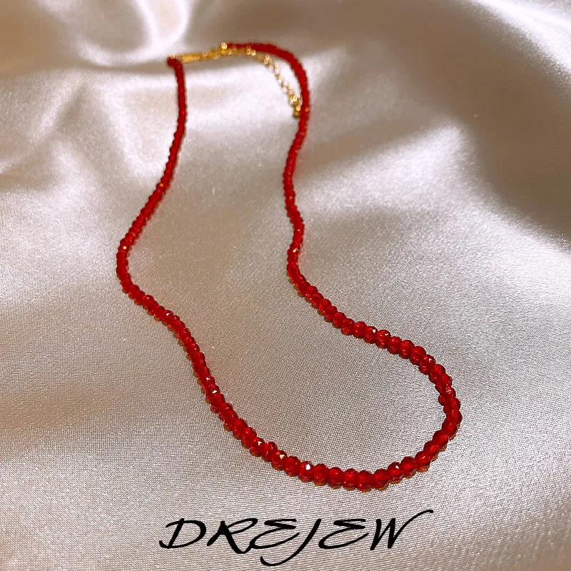 DREJEW Red Artificial Crystal Necklace for Women Versatile 2025 Korean Fashion Chokers Elegant and Luxurious Girls Accessories