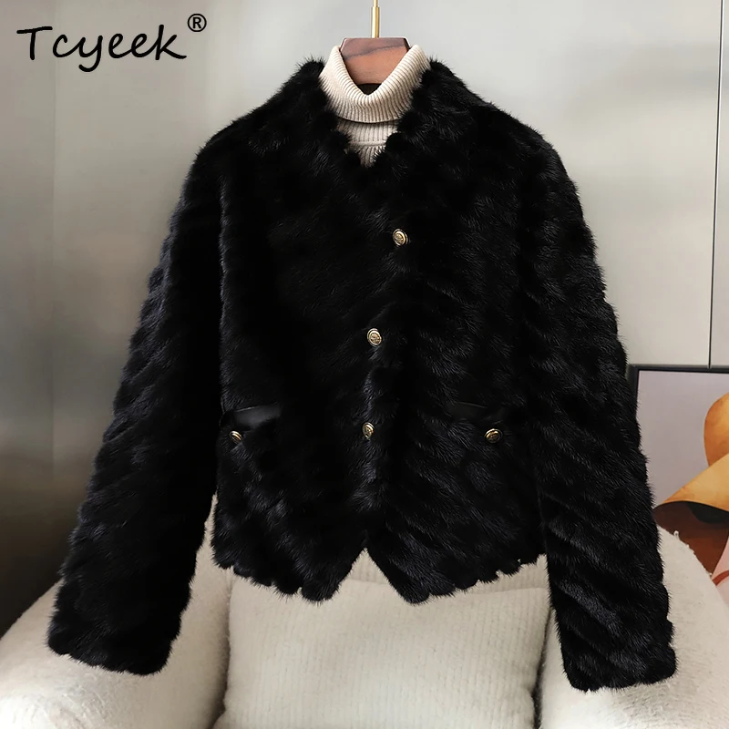 Tcyeek Real Mink Fur Coat Women Winter Clothes Warm Real Fur Womens Coats V-neck New in Outerwears 2025 Fashion Fourrure Femme