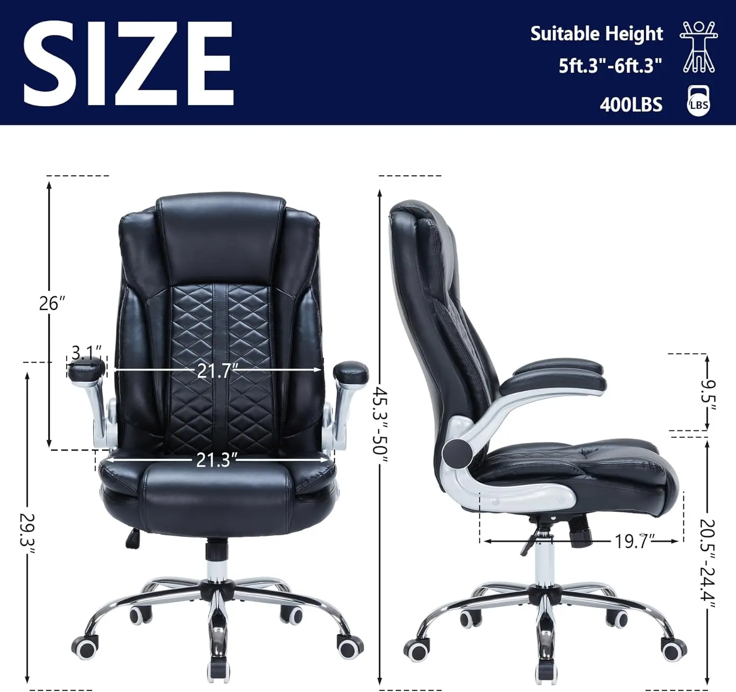 400lbs Executive Office Chair with Flip-Up Armrests, Big and Tall Ergonomic Computer Chair, Breathable PU Leather (Black)