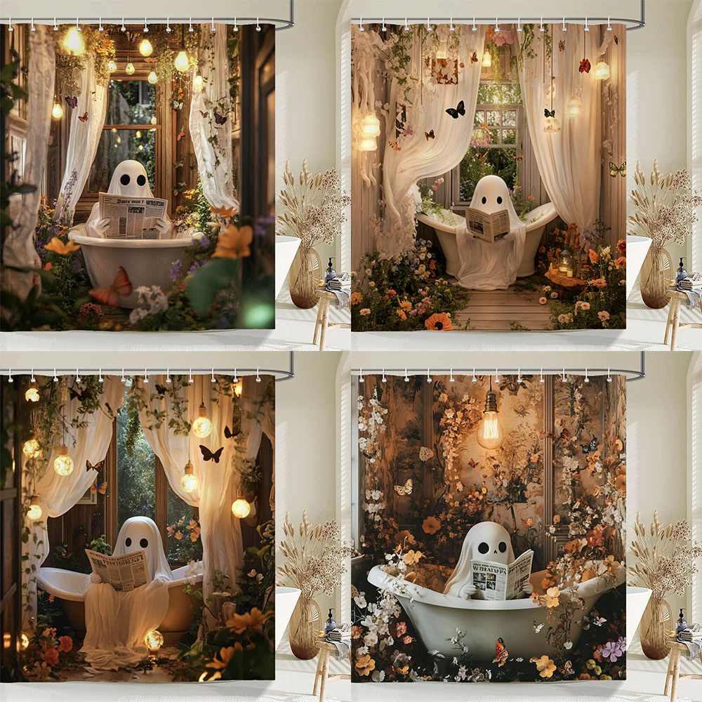 

1PC Halloween Shower Curtain Cute Cartoon Ghost Bathroom Curtain Polyester Fabric Bathtub Curtain with Hooks for Bathroom Decor
