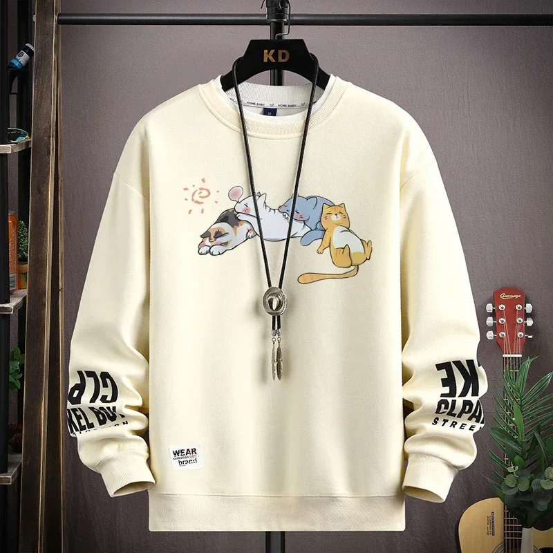 Japan Cartoon Men's Sweatshirt Hoodies Autumn Cats Printed Long Sleeve T-shirt Fashion Men's Clothing Khaki O Neck Harajuku Top