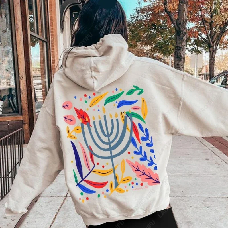 هانوكا زهرة الشمعدان الرجال النساء هوديي للجنسين Am Yisrael Chai اليهودية إسرائيل الفن البلوز النساء الرجال زهرة الجمالية البلوز #2