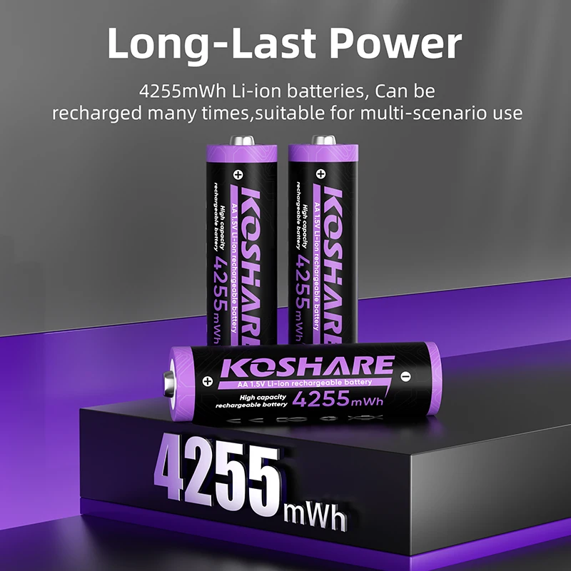 

KOSHARE 1.5V AA Li-ion Rechargeable Battery 4255mWh High Capacity 1500 Cycles Low Self Discharge Batteries for Camera Flash Toy