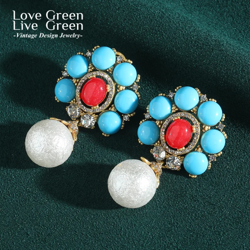 

Vintage Palace Blue Stone Flower Earrings Dangle Pearl Luxury Designer Antique Jewelry Accessories For Woman Wedding 2025 Trends