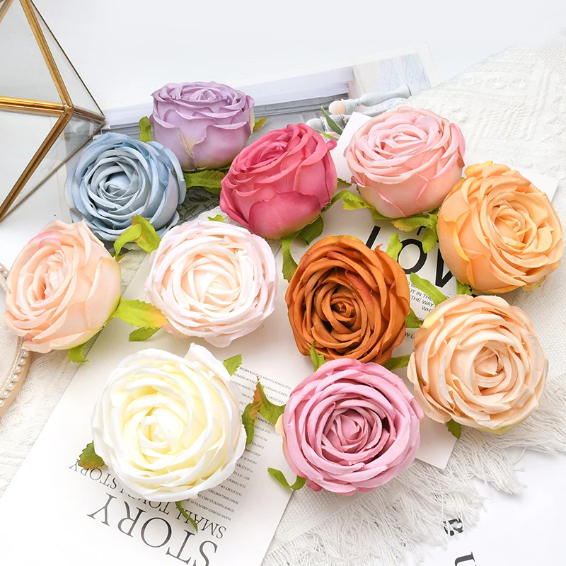 40pcs/7-8cm Princess White Rose Artificial Silk Flower Heads DIY Wedding Decoration Party Wreath Scrapbooking Craft Fake Flowers