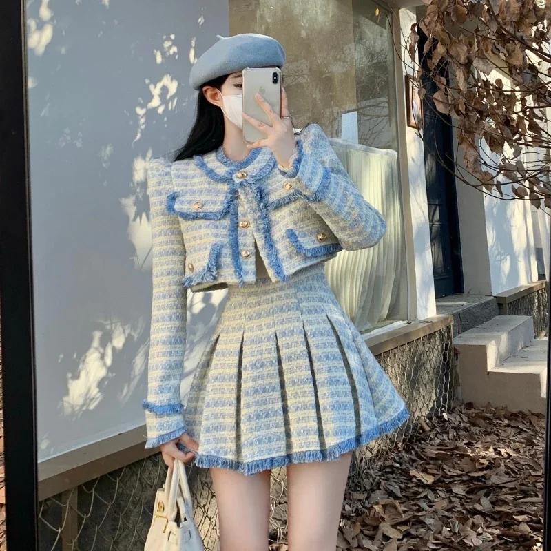 

Korean Small Fragrance Two Piece Set Women Short Single Breasted O Neck Puff Sleeve Jacket + High Waist Pleated Skirt Sweet Set