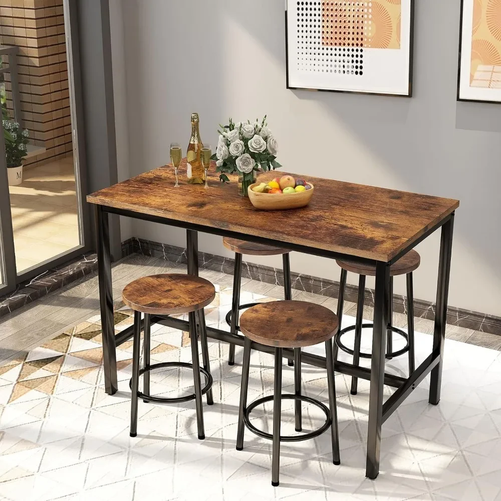 2023 New Table and 4 Chairs Set Industrial Counter Height Pub Table with Bar 5 Pieces Dining Set Home Kitchen