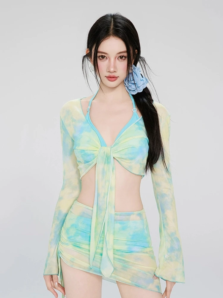 

Bikini Set Women's Sexy Beach Hot Spring Swimsuit Four-piece Suit V-neline Polyester Spandex Material Underwire Free ip