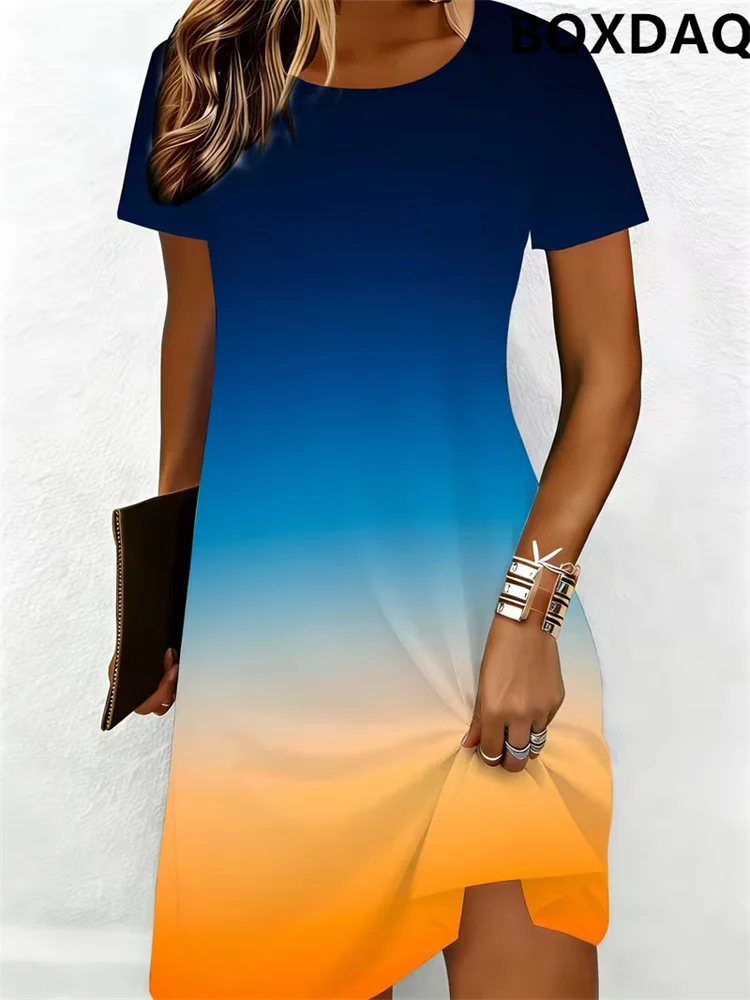2026 Summer Women's Dresses Show Casual Women's Clothing Loose Round Neck Short Sleeve Gradient Printed Daily Comfortable Dress