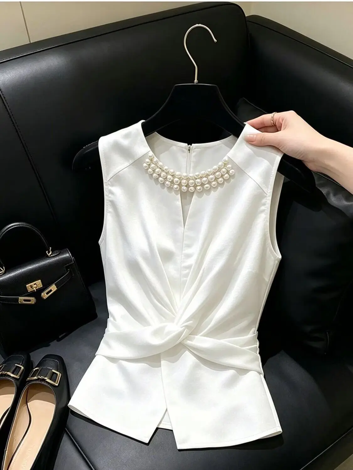 

Elegant White Satin Sleeveless Shirt Women's Fashion Design Knot Waist Crop Top Lightweight Luxury Feel Commute Style