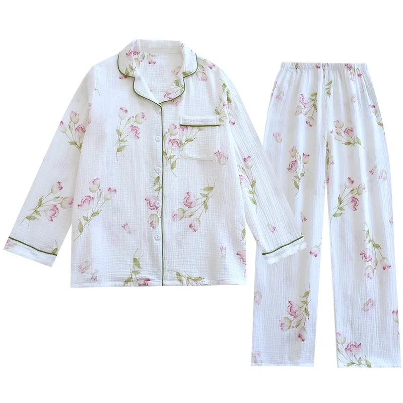 Pyjama japonais deux pièces pour femme, 2024 coton, pansement, manches longues, fin, maison, fureur, dames, printemps, été, nouveau, 100%