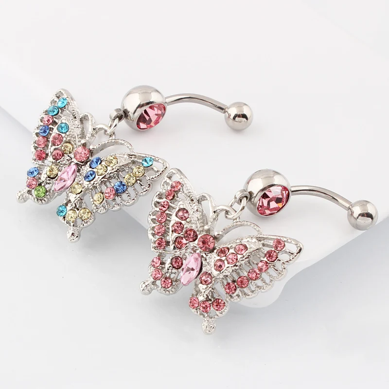 Multi-colored butterfly navel ring lady fashion body piercing jewelry Retail belly bar 14G 316L surgical steel bar Nickel-free