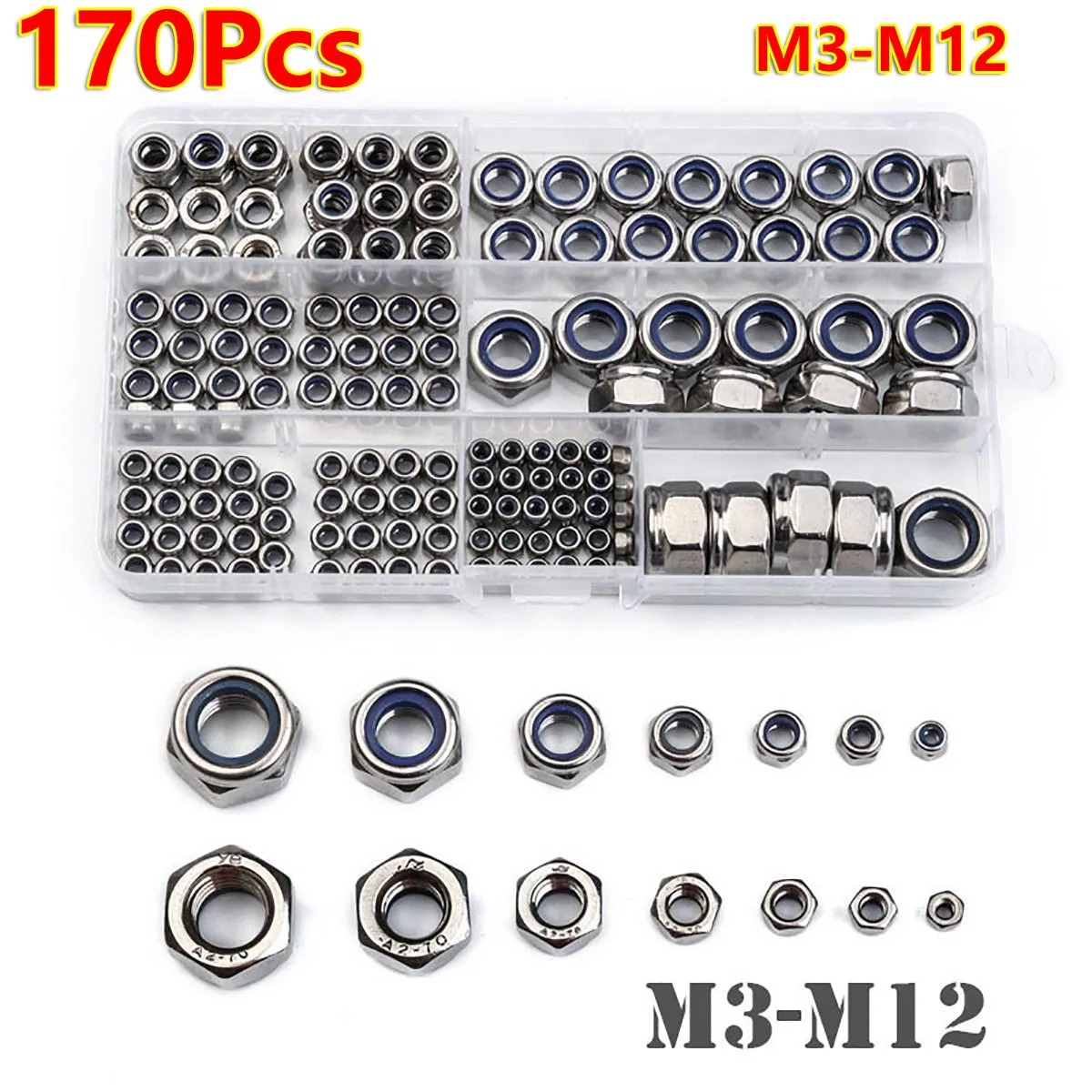 

170PCS Hexagon Nylon Insert Lock Nut Set 304 Stainless Steel Hex Self Locking Nylock Assortment Kit M3/M4/M6/M8/M10/M12