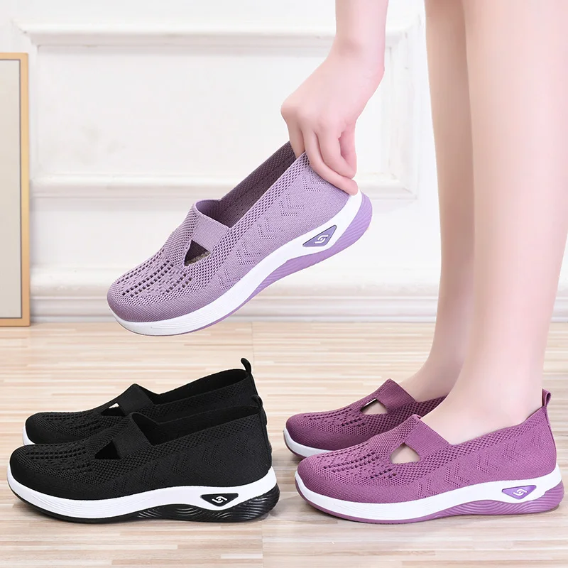 Damen-Sneaker, Sommer-Mesh, atmungsaktiv, lässig, zum Laufen, Damenschuhe, rutschfest, flach, gestrickt, weicher Boden, Slip-on-Tennisschuhe