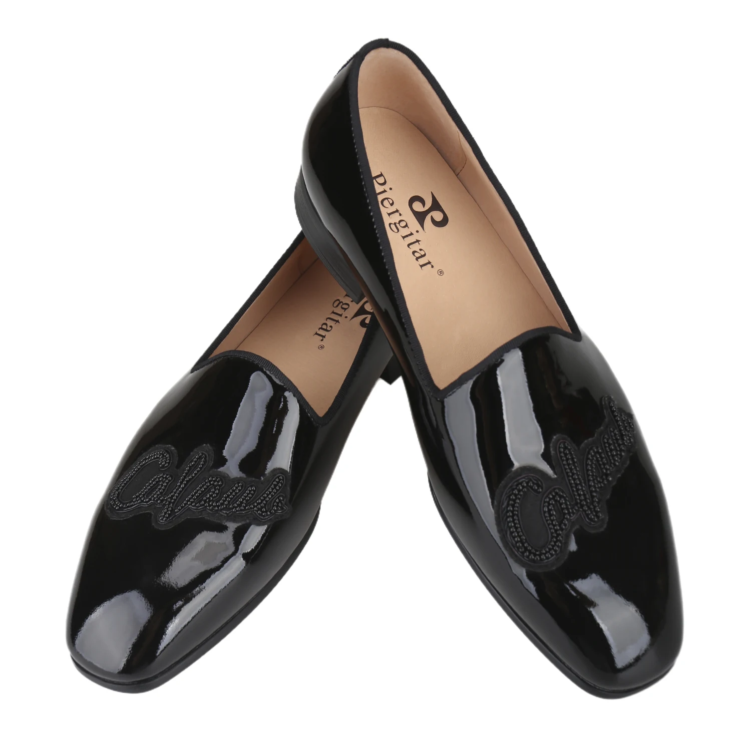Piergitar Black Patent Leather Slip-On Men Smoking Shoes With Handcrafted Initial Wire Embroidery For Both Casual And Form Wear