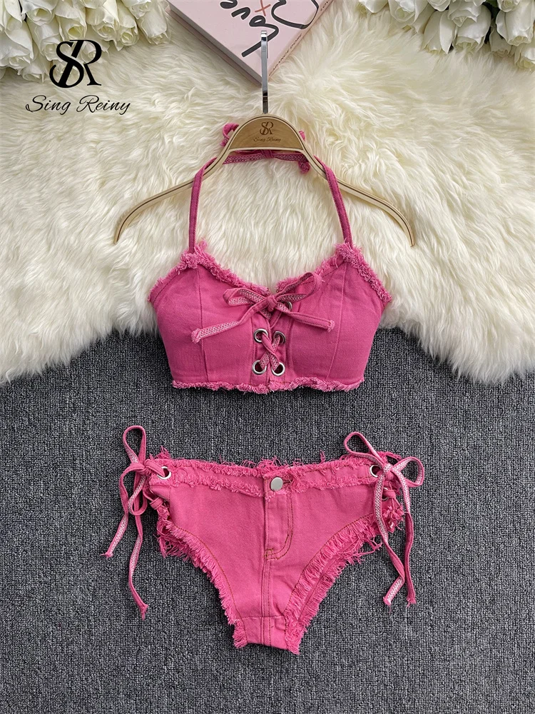 SINGREINY Retro Women Bikini Denim Suits Summer Halter Camis+ Mini Pant Lingeri… - Image 5
