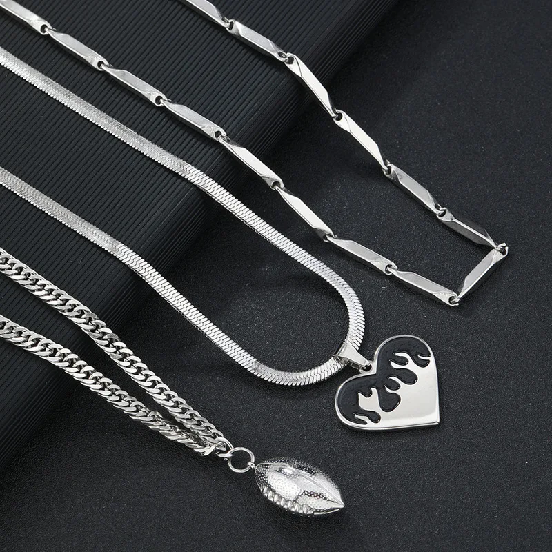 Stainless Steel Mens Necklace Set Football Heart Flame Pendant Mixed Chain Hip Hop Male Neck Ornament