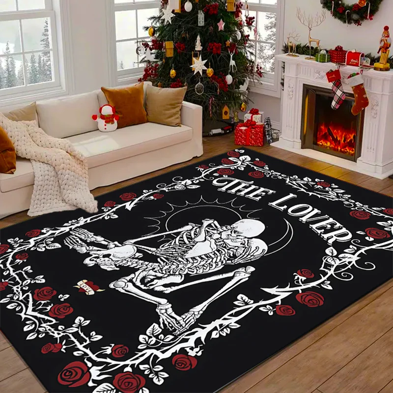 The Lover Skeleton Rug: Gothic Romance for Living Room Decor | Skull Art Carpet with Roses | Unique Home Accessories