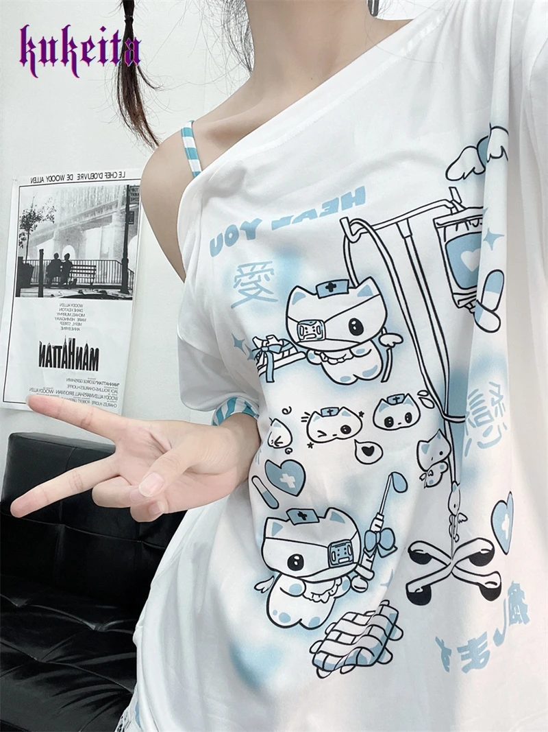 T-Shirt giapponese con spalle scoperte donna Kawaii Girl Harajuku Y2k Top Sexy Cute Cat Graphic Tees Shirt Fashion coreano Chic Streetwear