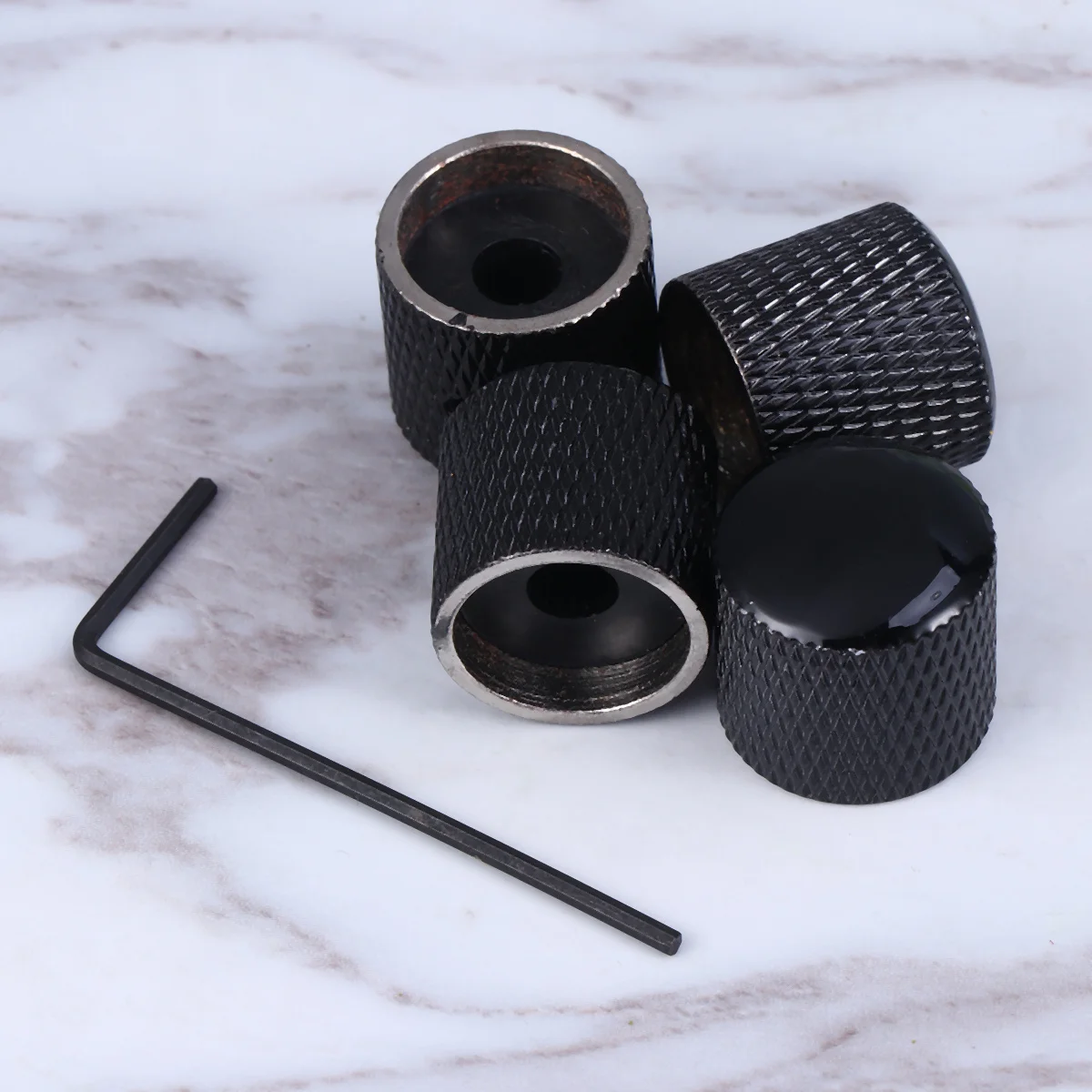 

4Pcs Electric Guitar Knobs Heavy Bronze Dome Black Durable Hard Brass Carbon Fiber Tone Volume Replacement Guitar Knobs Wrench