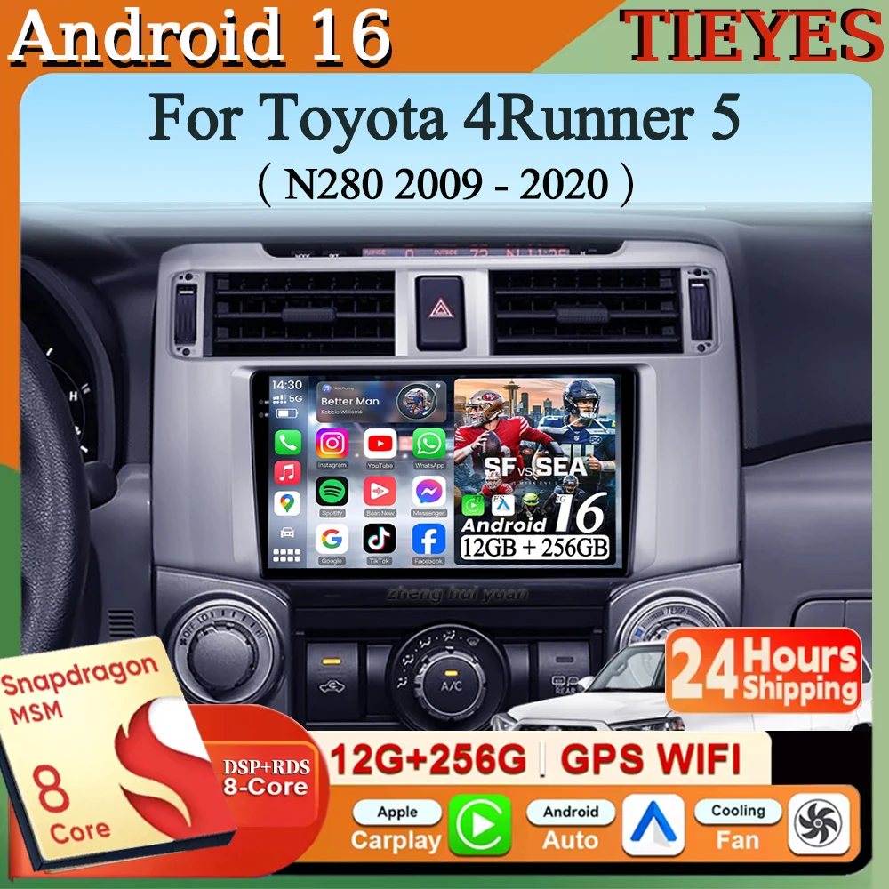 Android 16 Carplay&Auto Car Radio Navigation Multimedia Stereo Player QLED GPS For Toyota 4Runner 5 N280 2009 - 2020