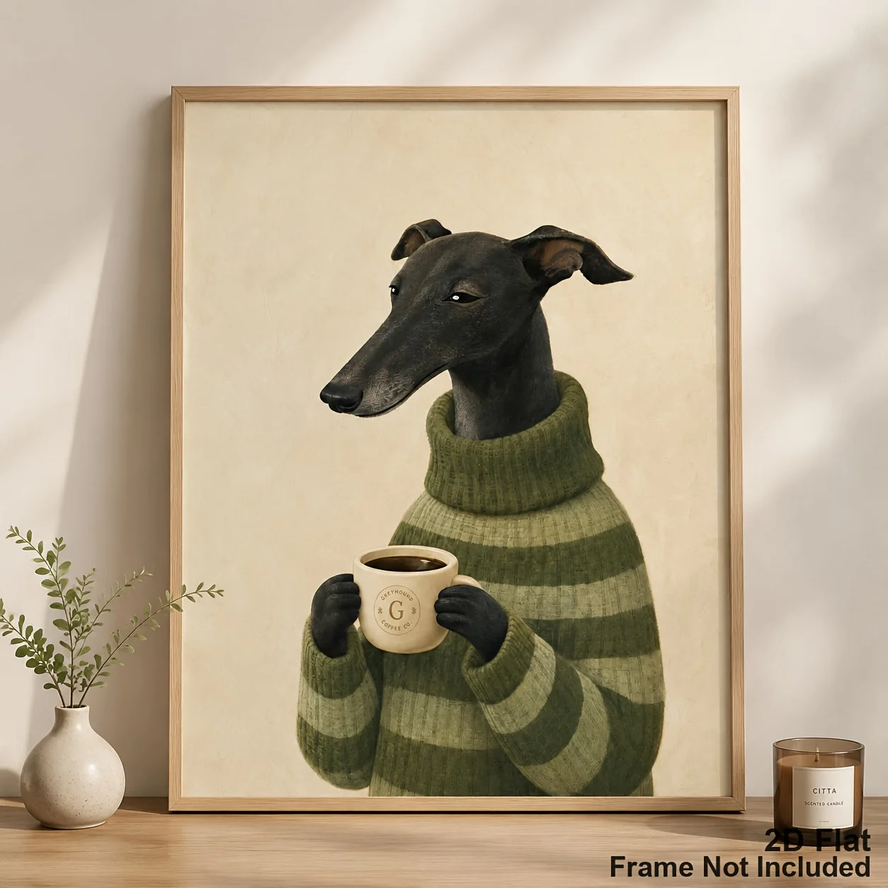(No frame)2D Flat, Greyhound Dog Portrait - Vintage Vertical Suitable for Living Room, Bedroom, Home Office Decor - Unframed