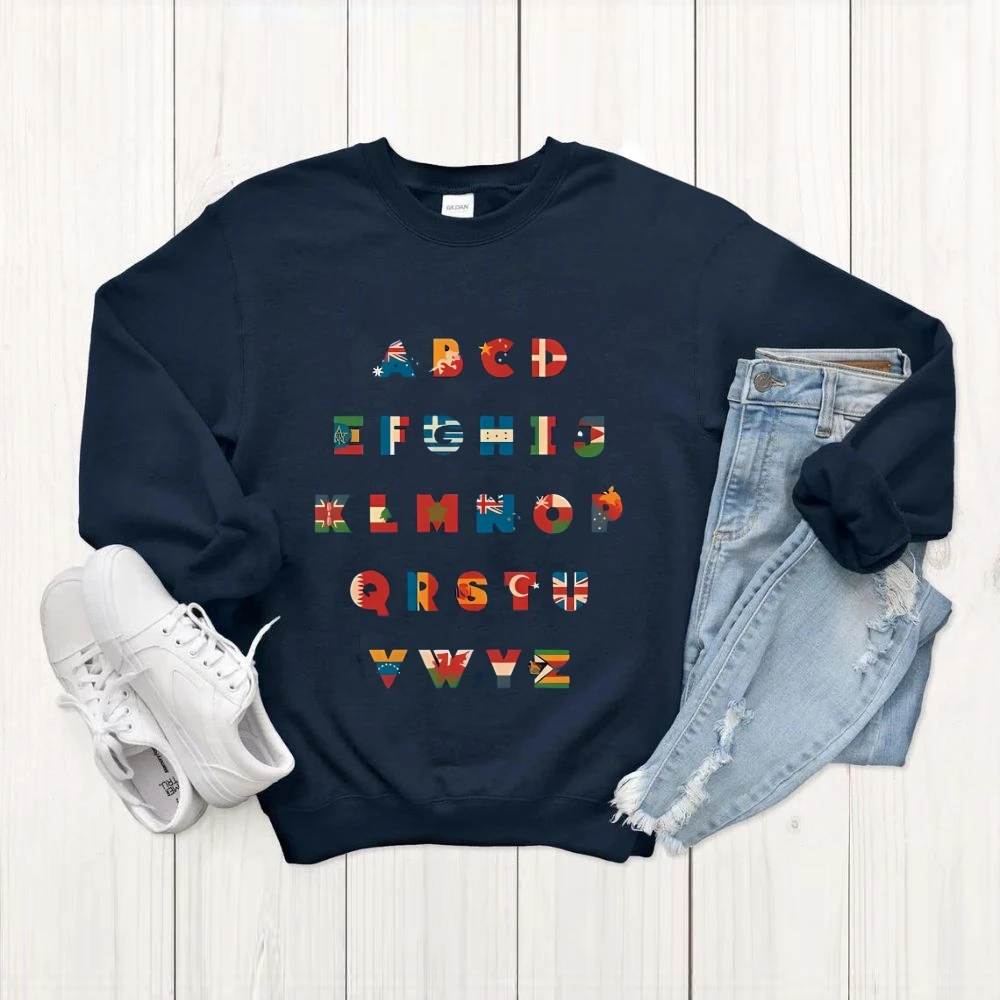 플래그 알파벳 운동복 글로벌 문자 인쇄 가을 겨울 캐주얼 느슨한 긴 소매 독특한 문화 유행 천상의