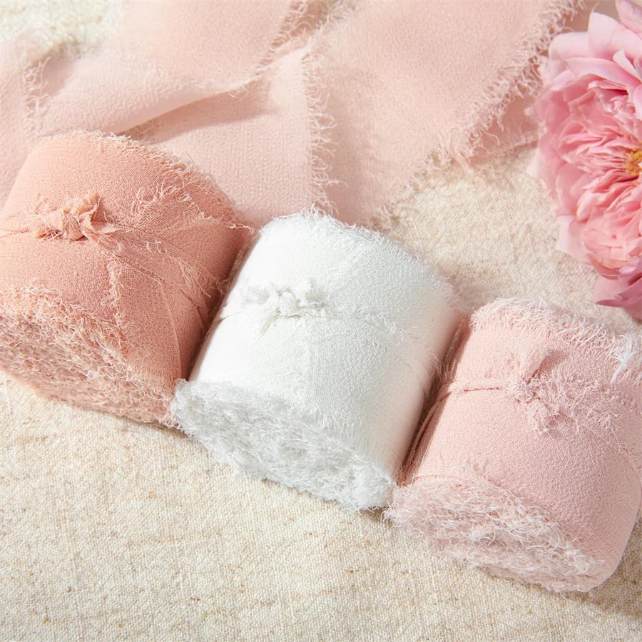 Mix 3 Rollen 5 m handgefertigtes Fransen-Chiffon-Seidenband aus Gaze, weiße und grüne Bänder, Set für Hochzeitsgeschenke, Verpackung von DIY-Dekorationen – Detail 14