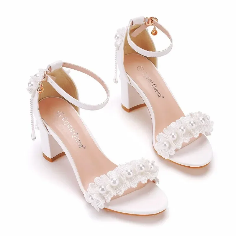 Women Pumps Sandals Wedding String Bead Buckle Strap PU 7CM Square Heel Classics Dress Women Dress Sandals Shoes White