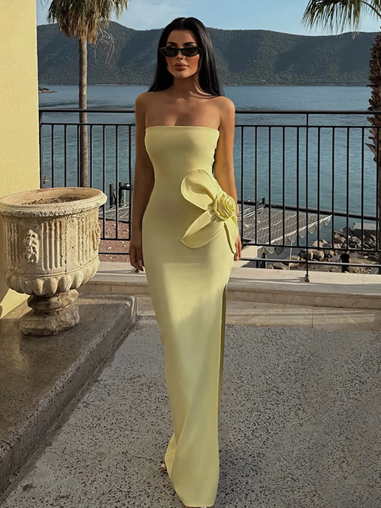 

Flower Decoration Tube Top Dress Woman Sleeveless Slim Solid Color Slit Long Dresses Chic Elegant Sexy Women Evening Party Robes