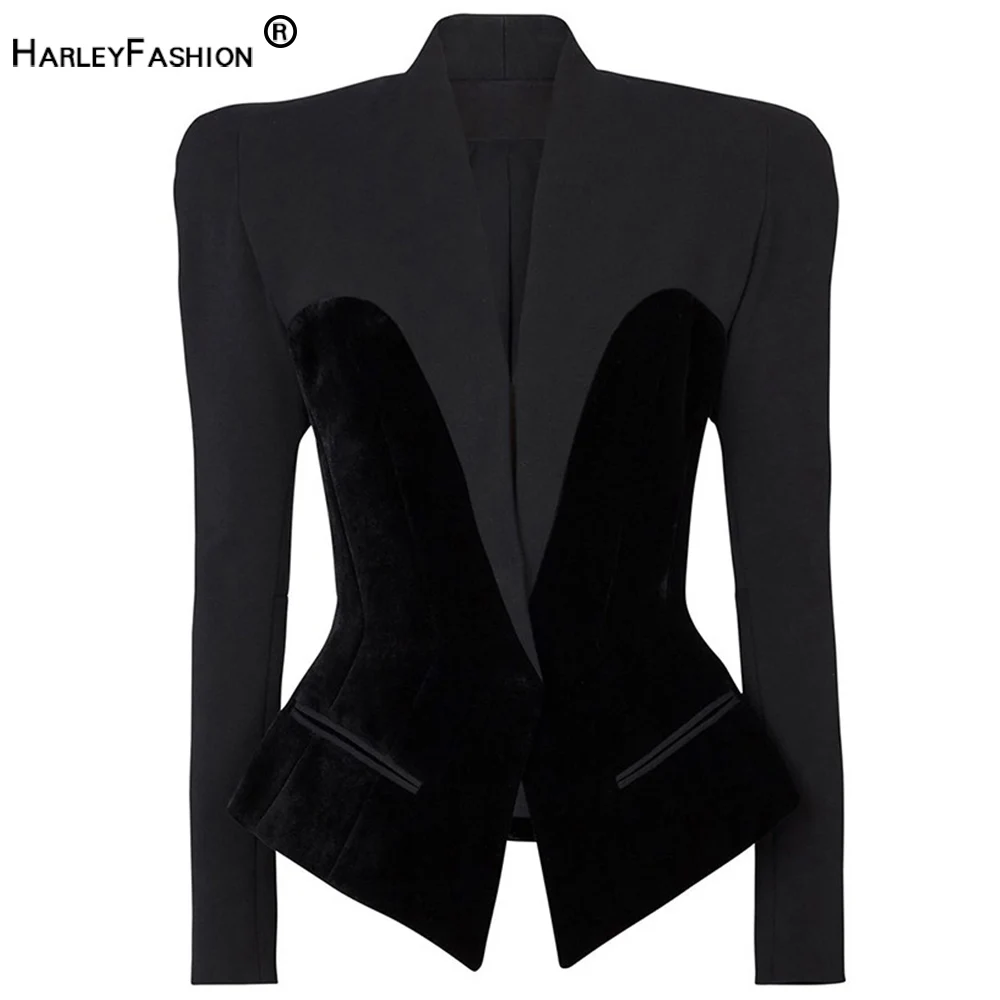 Newest Fall Spring Bodycon Unique Velvet Patchwork Slim Waist High Street Women Black Outdoor Quality Blazers