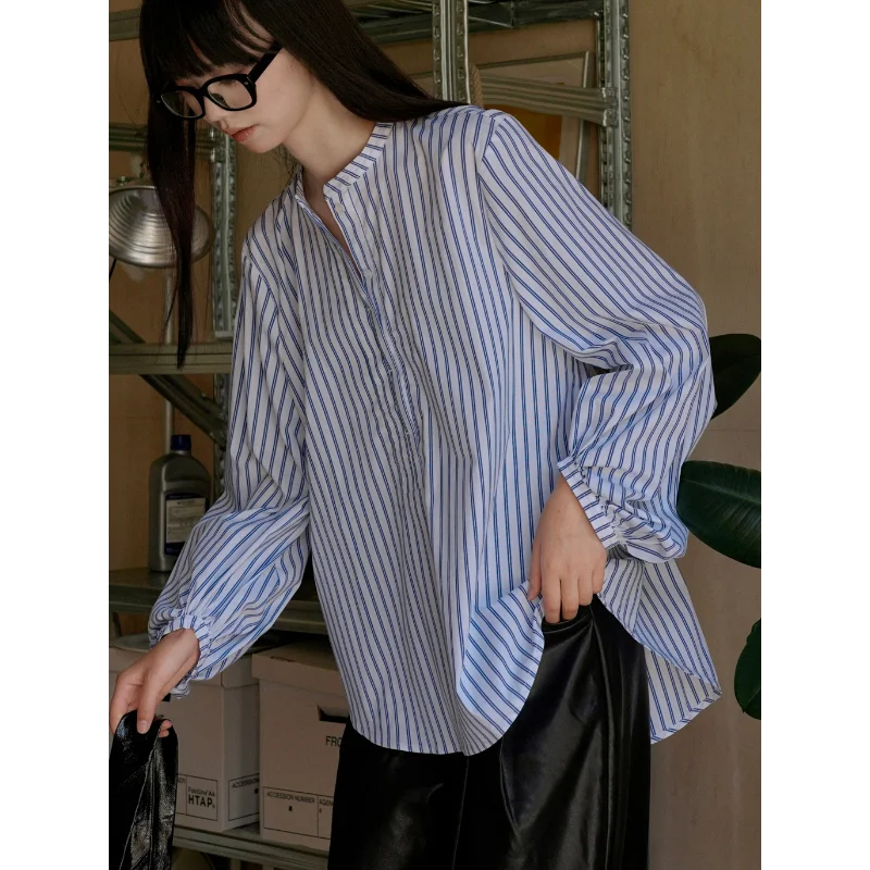 

Stripe Stand Collar Shirts Casual Tops Women Loose Silhouette Lantern Sleeve Blouses Slim Light Pullover Drape Elegant Clothing