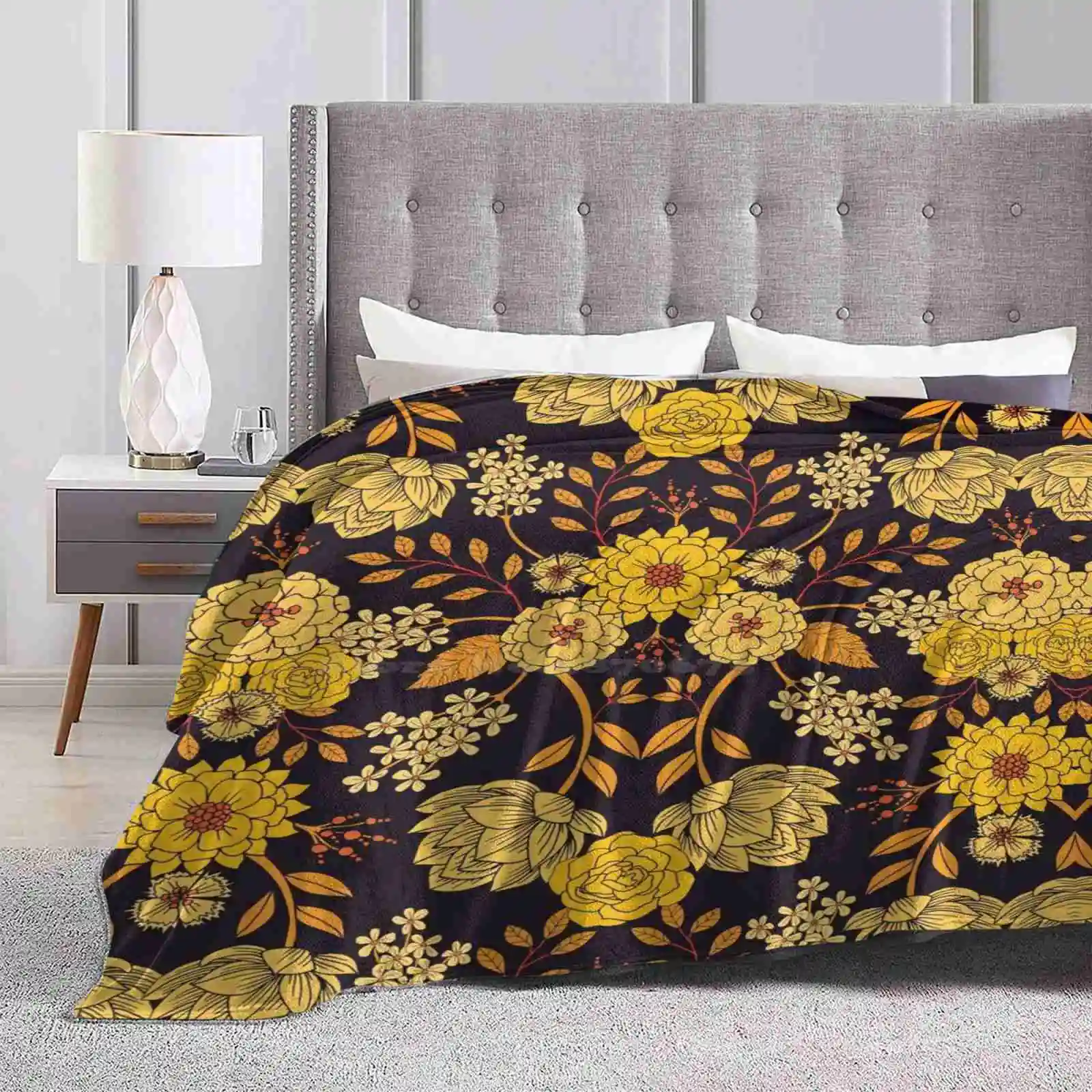 Yellow , Orange & Navy Blue Dark Floral Pattern Best Selling Room Household Flannel Blanket Yellow Orange Navy Blue Flowers